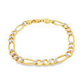 14K Gold Solid Figaro Bracelet With White Pave 7mm.
