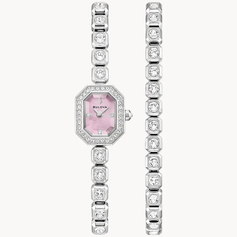 Bulova Crystal Pink Mother-Of-Pearl Dial Silver-Tone Stainless Steel Women's Watch 96X168