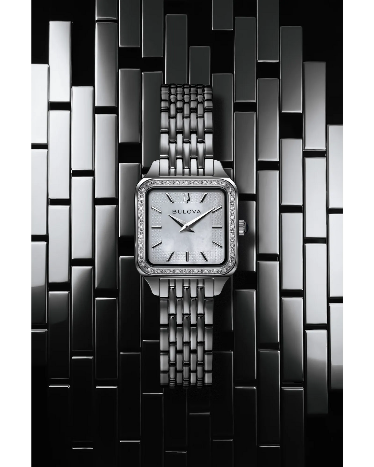 Bulova Sutton Silver-Tone Diamond Bezel White Mother-Of-Pearl Dial Stainless Steel Women's Watch 96R256