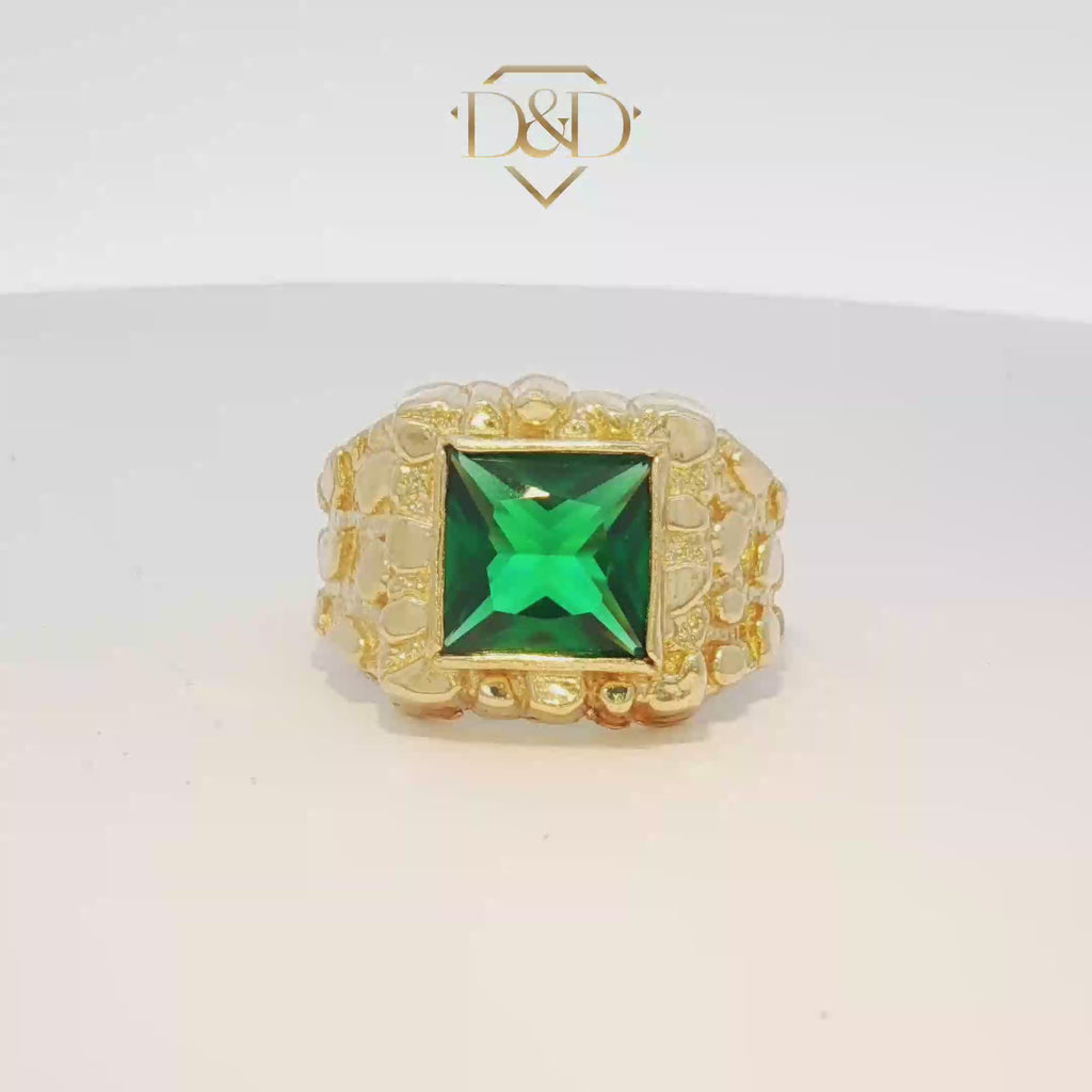 14K Yellow Gold Signet Nugget Ring with Square Emerald