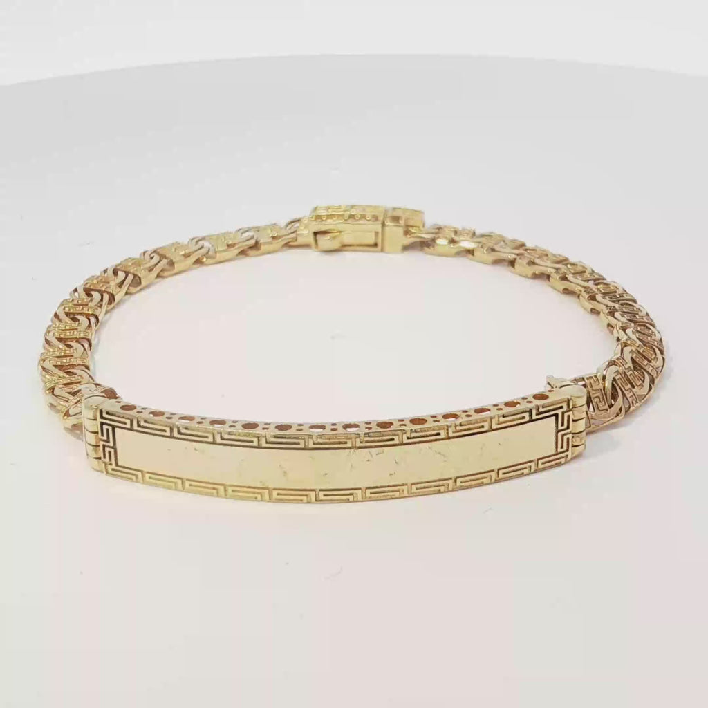 14K Semi-Hallow Chino Link ID Bracelet with Greek Design 6mm