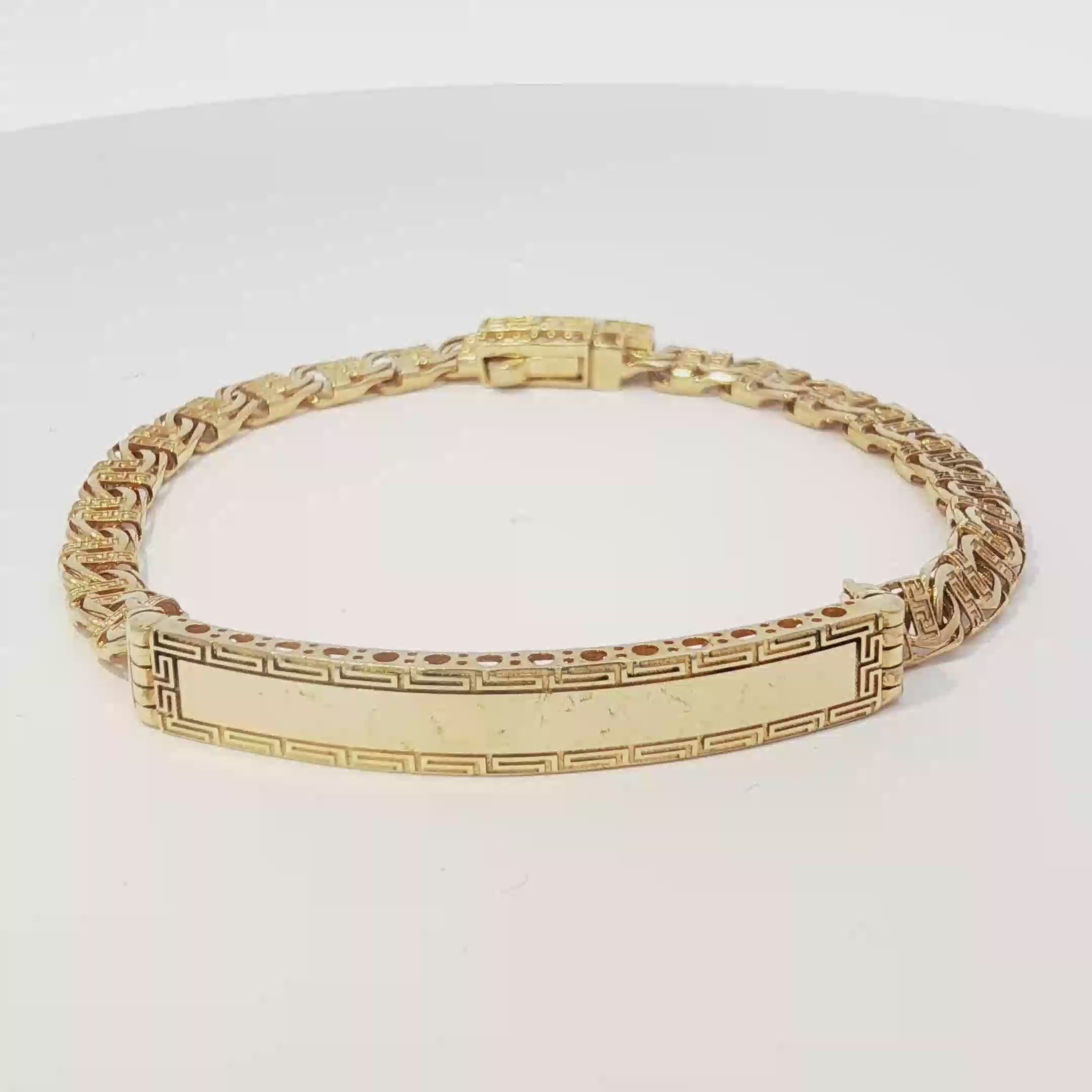 14K Semi-Hallow Chino Link ID Bracelet with Greek Design 6mm